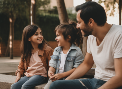 un père et ses deux enfants passent du temps ensemble dans la rue bonheur familial et relation sécurisante